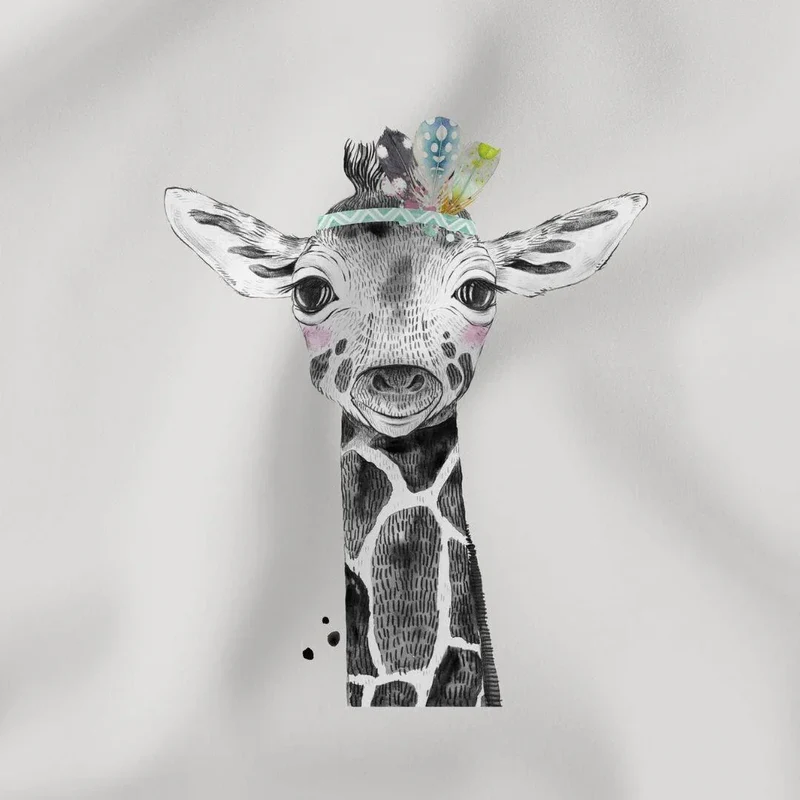 Baumwollpanel 38x38 cm Giraffe mit bunten Federn | Grau
