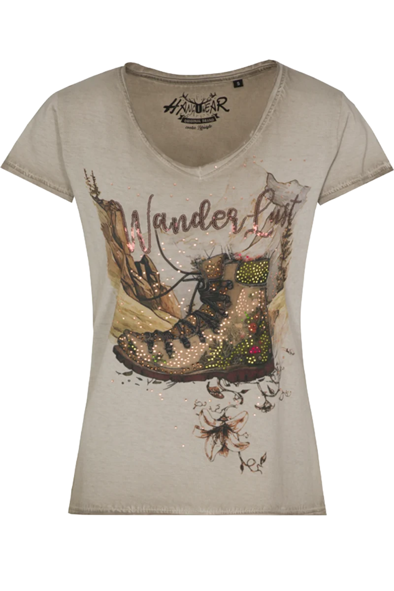 Damen T-Shirt mit Paillettenschrift 'Wanderlust"