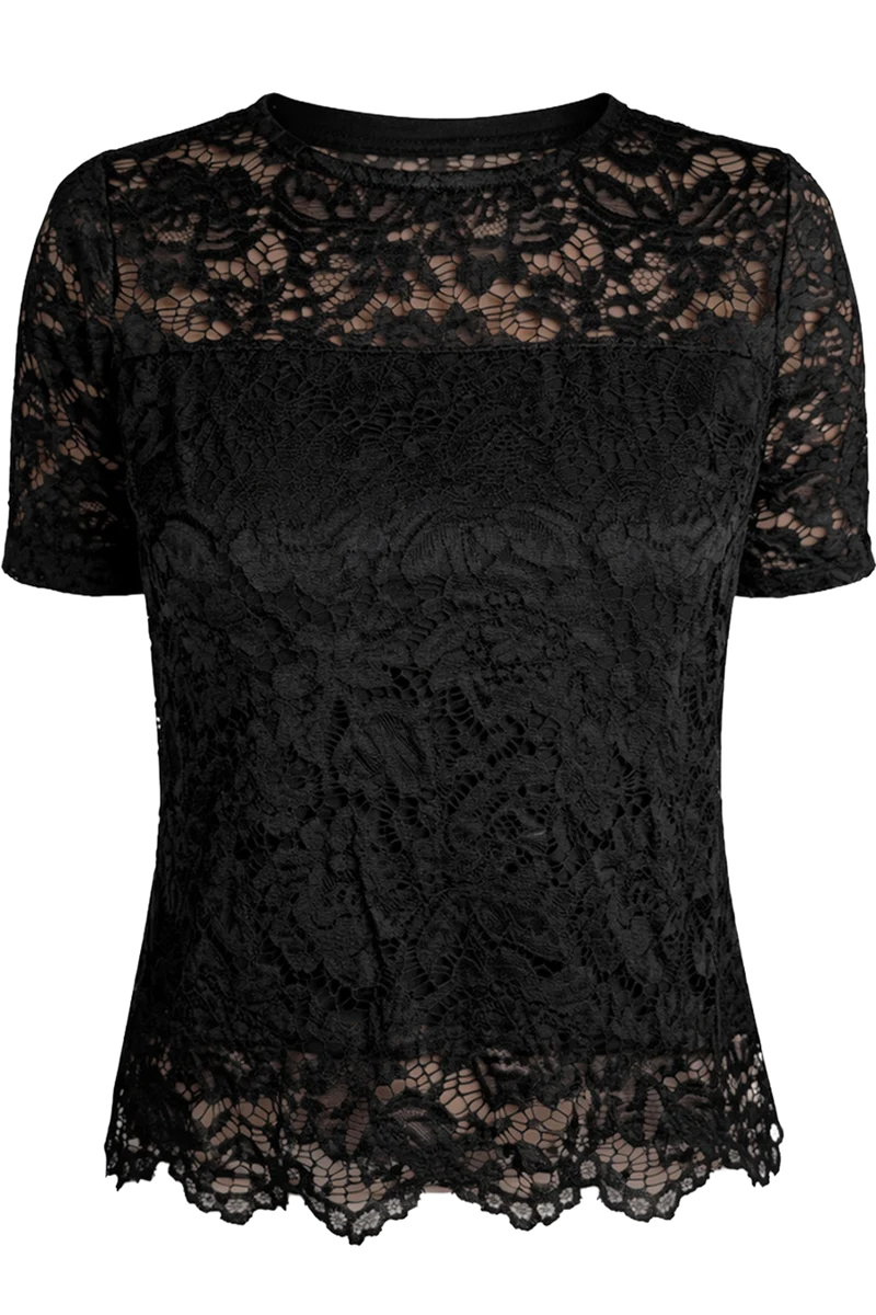 Damen Spitzenshirt Kurzarm - schwarz