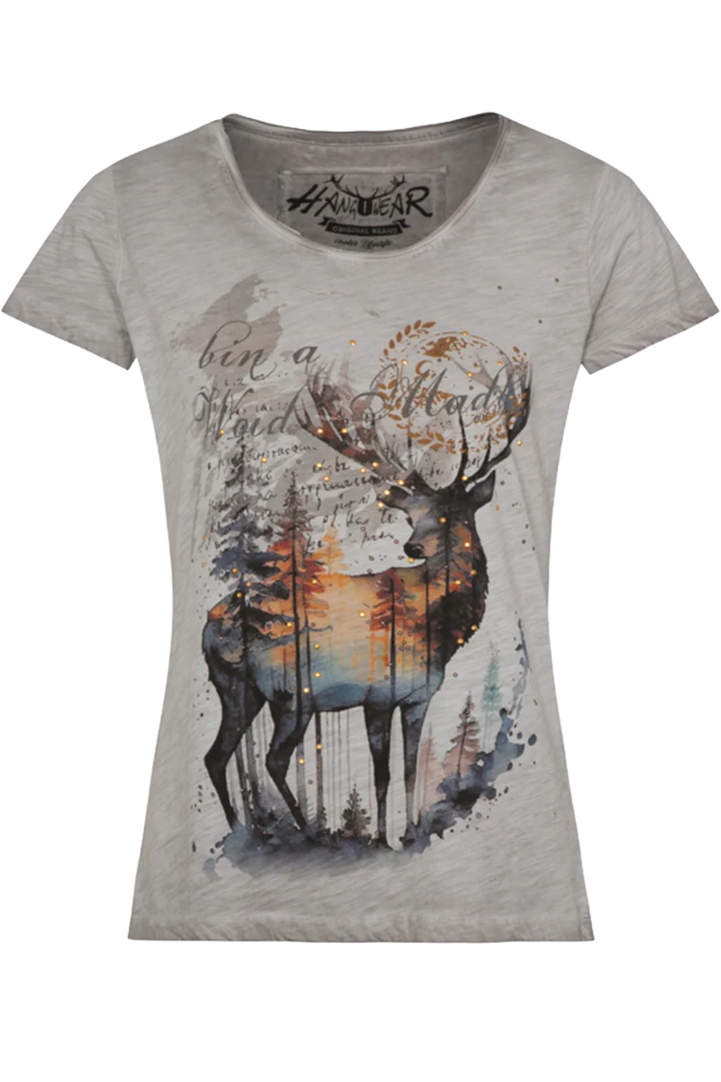 Damen T-Shirt mit Hirschdruck 'bin a Woid Madl'
