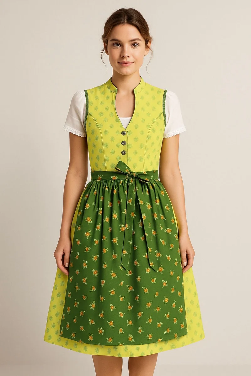 Vintage Baumwolldirndl Goldstich gelb/grün 65cm