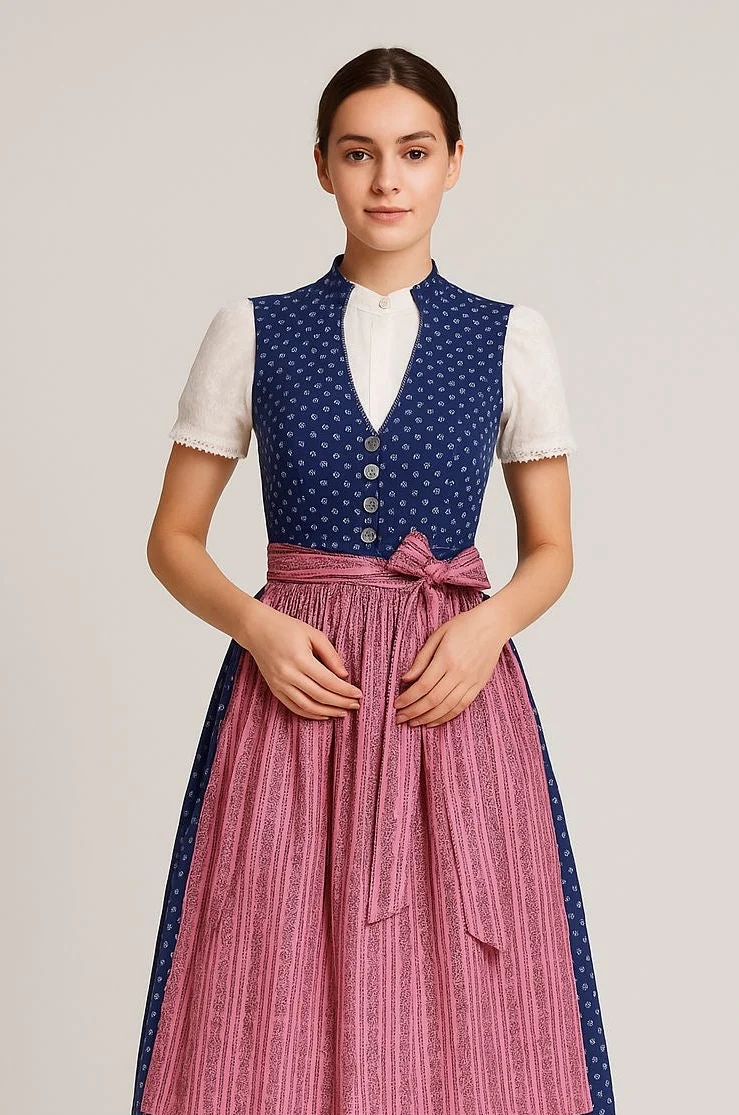 Vintage Baumwolldirndl Goldstich dunkelblau/pink 65cm