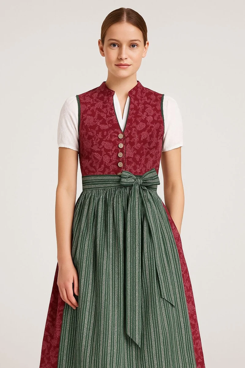 Baumwolldirndl Goldstich grün/bordeaux 65cm