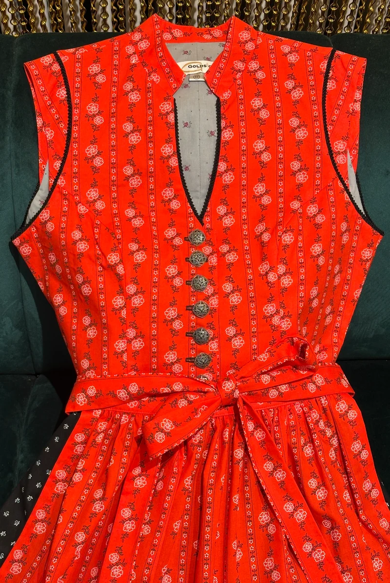 Vintage Baumwolldirndl Goldstich orange/schwarz/weiß 65cm