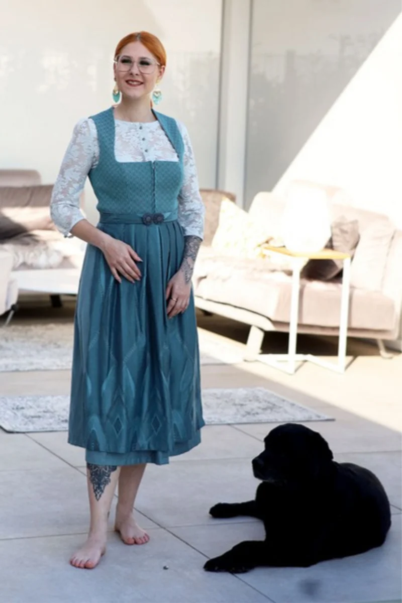 Stretchdirndl Goldstich türkis 75cm mit Reißverschluss
