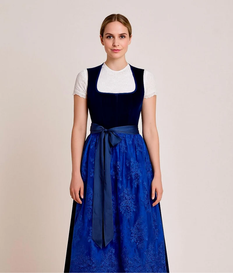 Dirndl Goldstich Samt dunkelblau mit Spitzen Schürze 73cm
