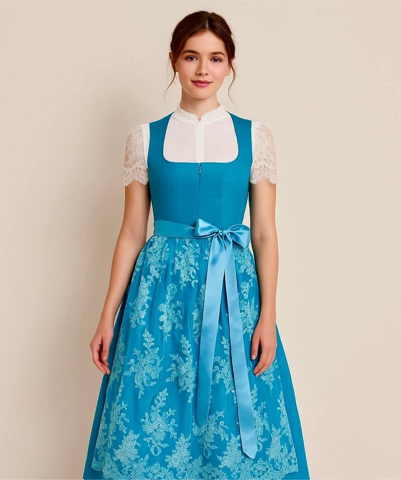 Corddirndl Goldstich Türkis mit Spitzen Schürze 75cm