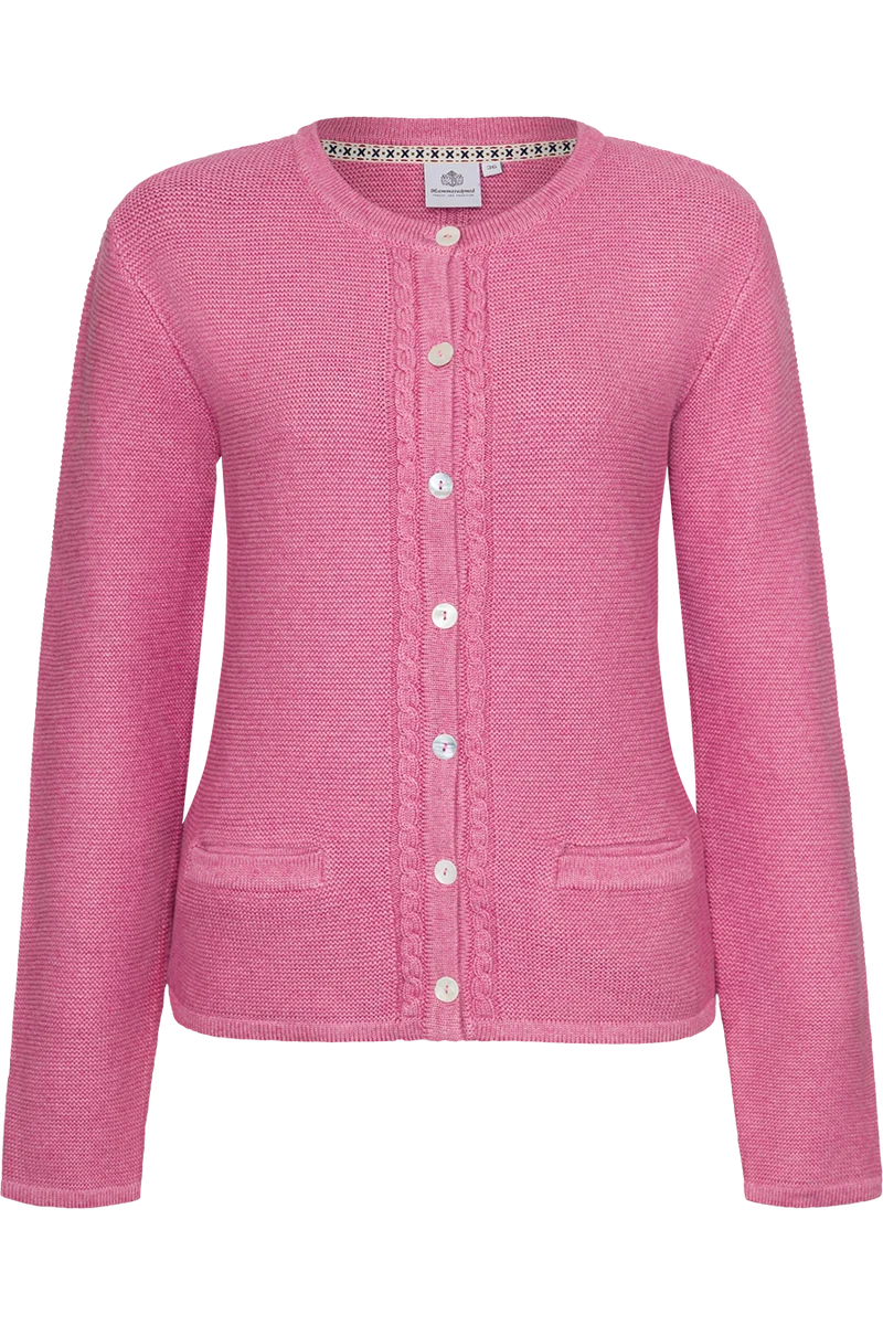 Damen Trachten-Strickjacke mit Zopfstrickmuster und Perlmuttknöpfen - altrosa