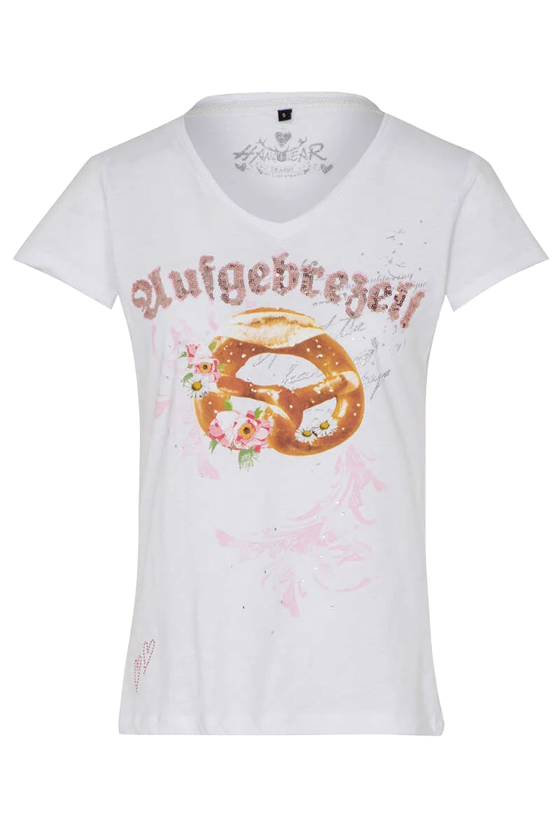Damen T-Shirt V-Ausschnitt 'Aufgebrezelt'