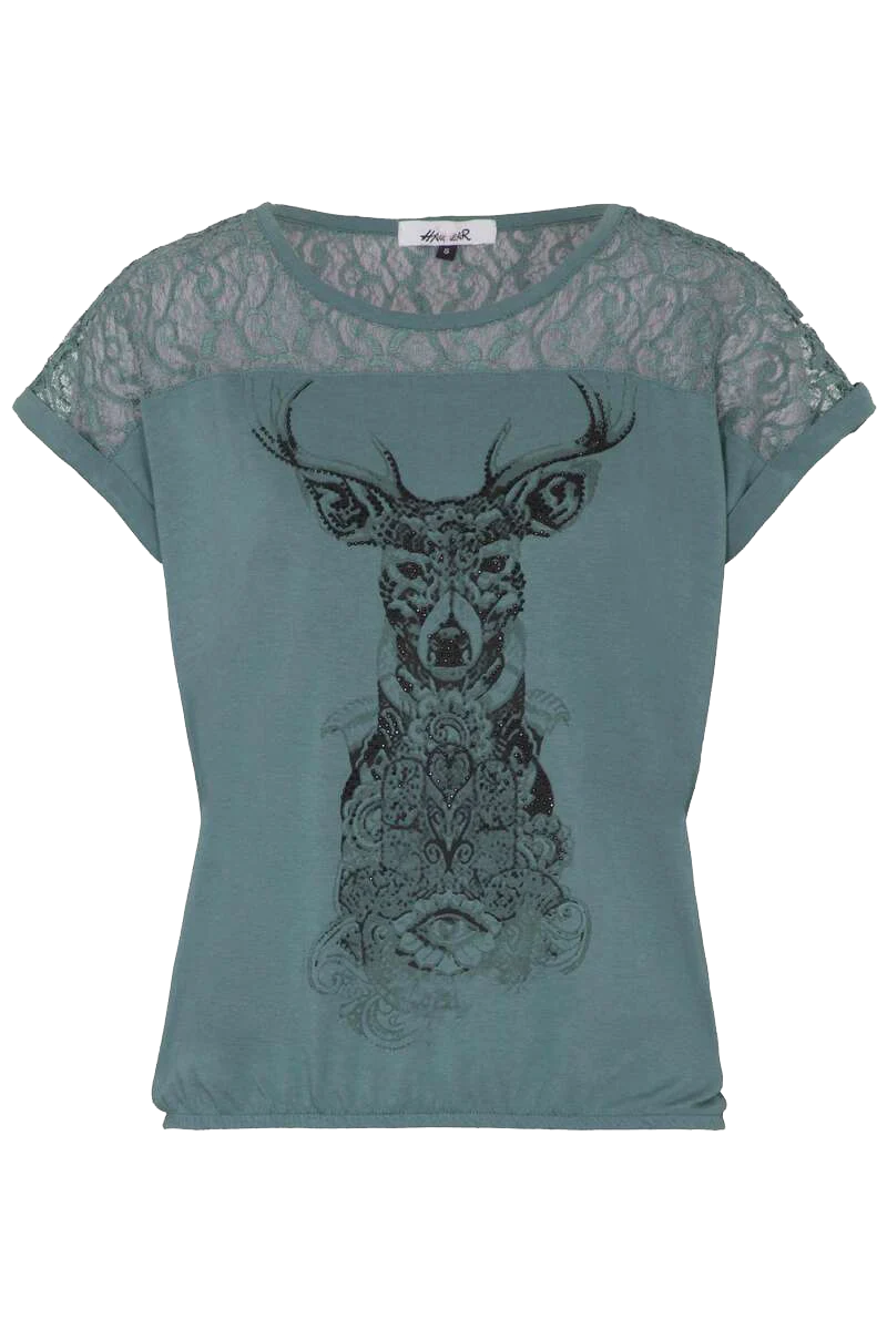 Damen Trachtenshirt mit Spitze und Hirschmotiv