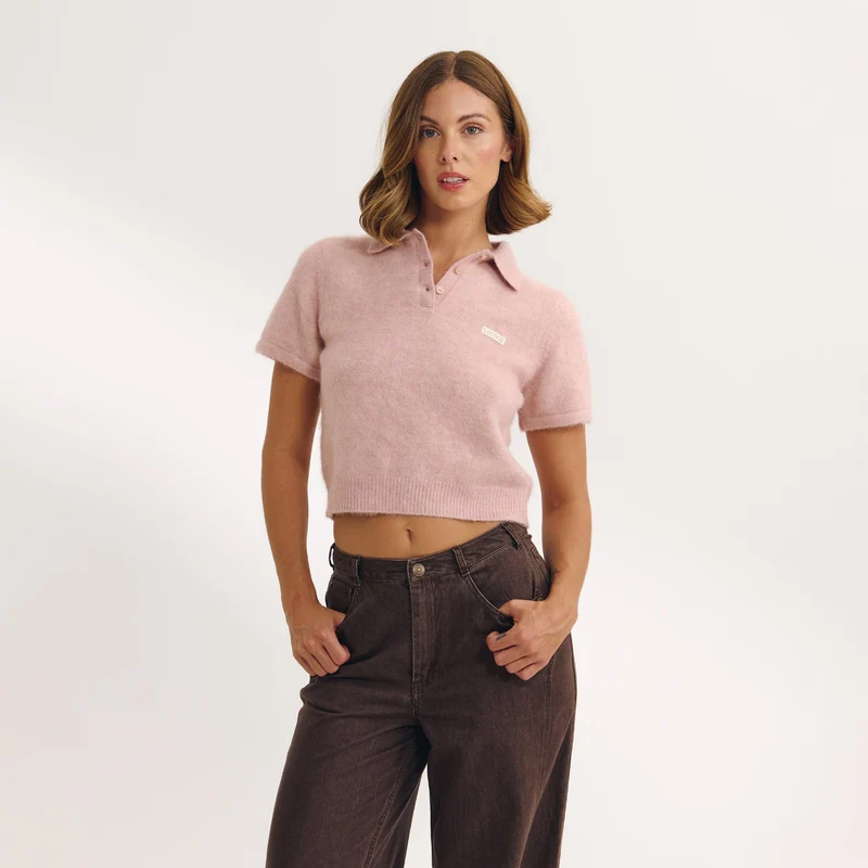 Gestrickter Poloshirt - Rosa