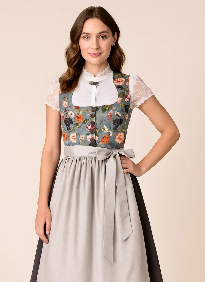 Dirndl Goldstich Samt Blumen hellblau/grau 70cm