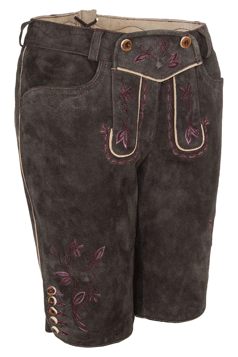 Damen Lederhose mit bordeauxfarbener Stickerei kurz